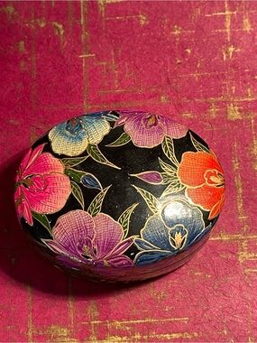 Hand-Painted Floral Lacquer Decorative Box - Black with Multicolor Flowers